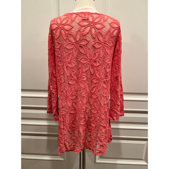 Serene Beach Pool Coverup V-neck Coral Pink Floral Mesh pullover Large A749 - Picture 2 of 5